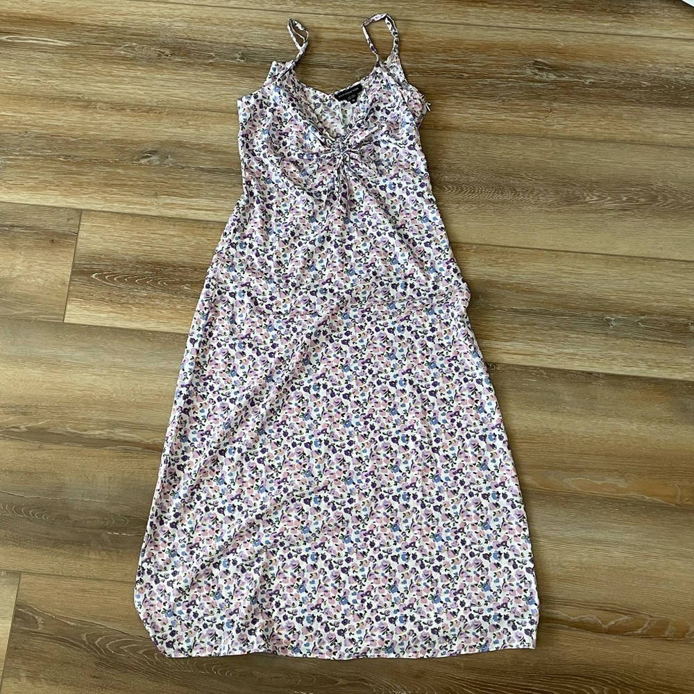 wednesday’s girl medium pink purple floral ruch bust cami midi slip dress